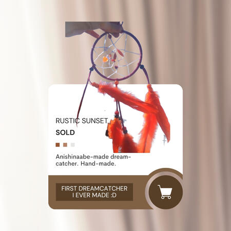 Hand-made dreamcatcher. Orange feathers, orange/red/brown beads, red leather.